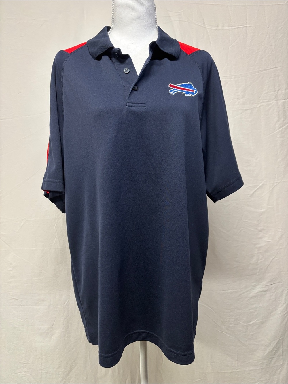 Buffalo Bills Navy Polo with Red Shoulder Accents and Team Logo